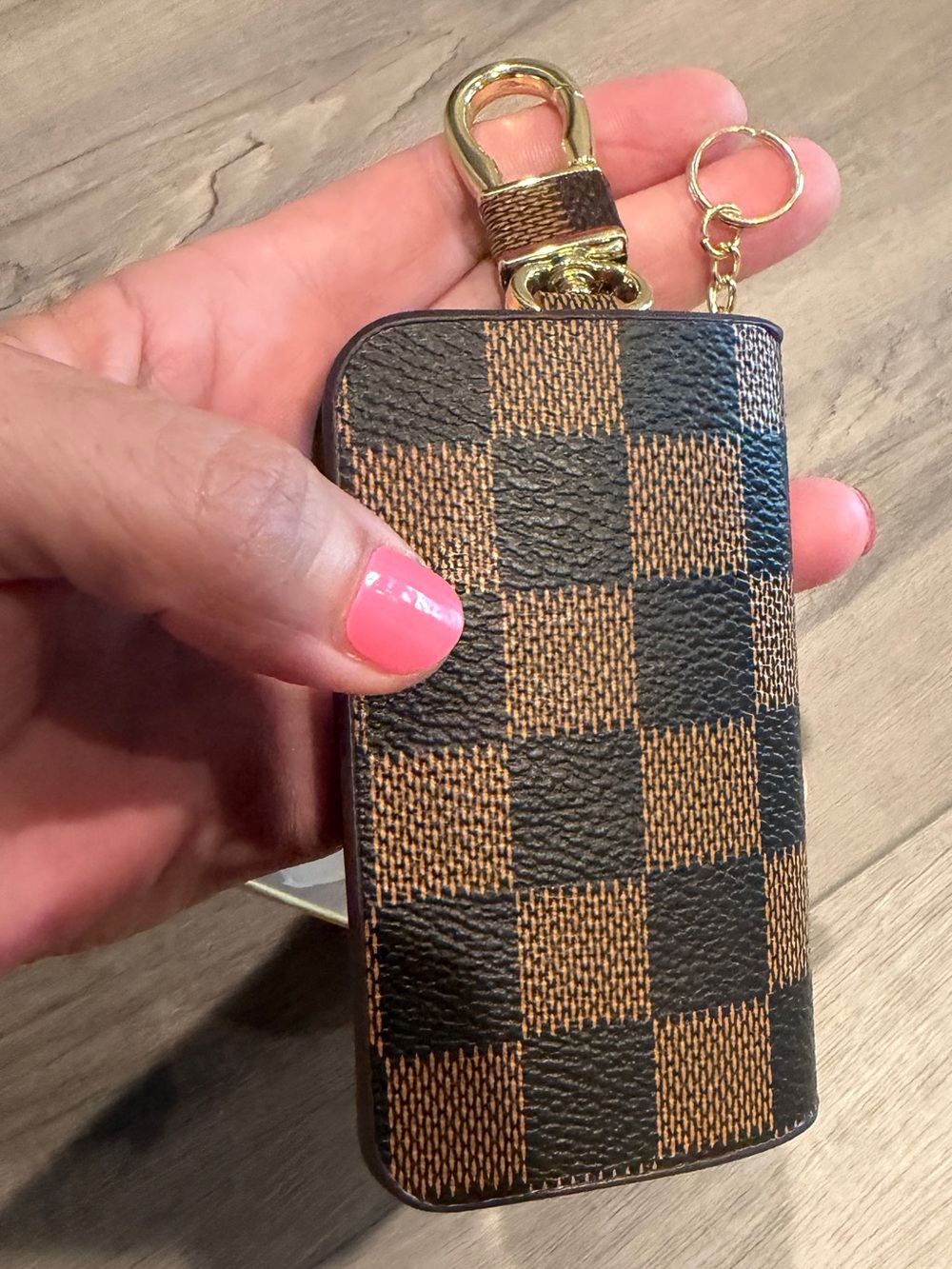 Checkered Brown & Black Key Case with Gold Hardware